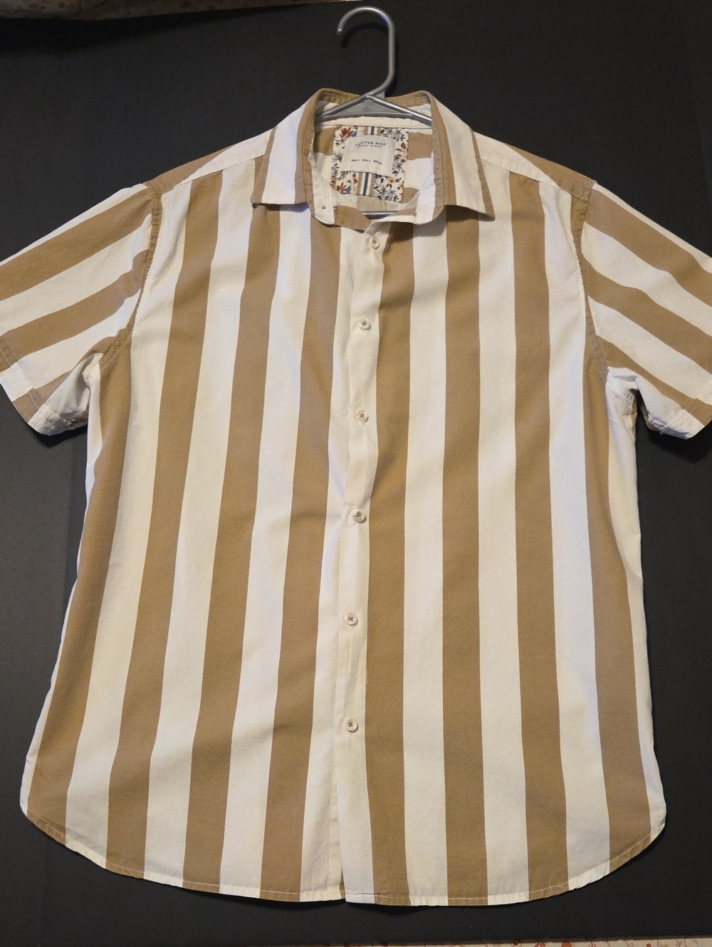 Cactus Short-Sleeve Button-Down Shirt — Cream & Tan Vertical Stripes
